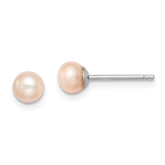 QE12683 Sterling Silver Rhodium-plated 4-5mm Pink Button Freshwater Cultured Pearl Post Earrings