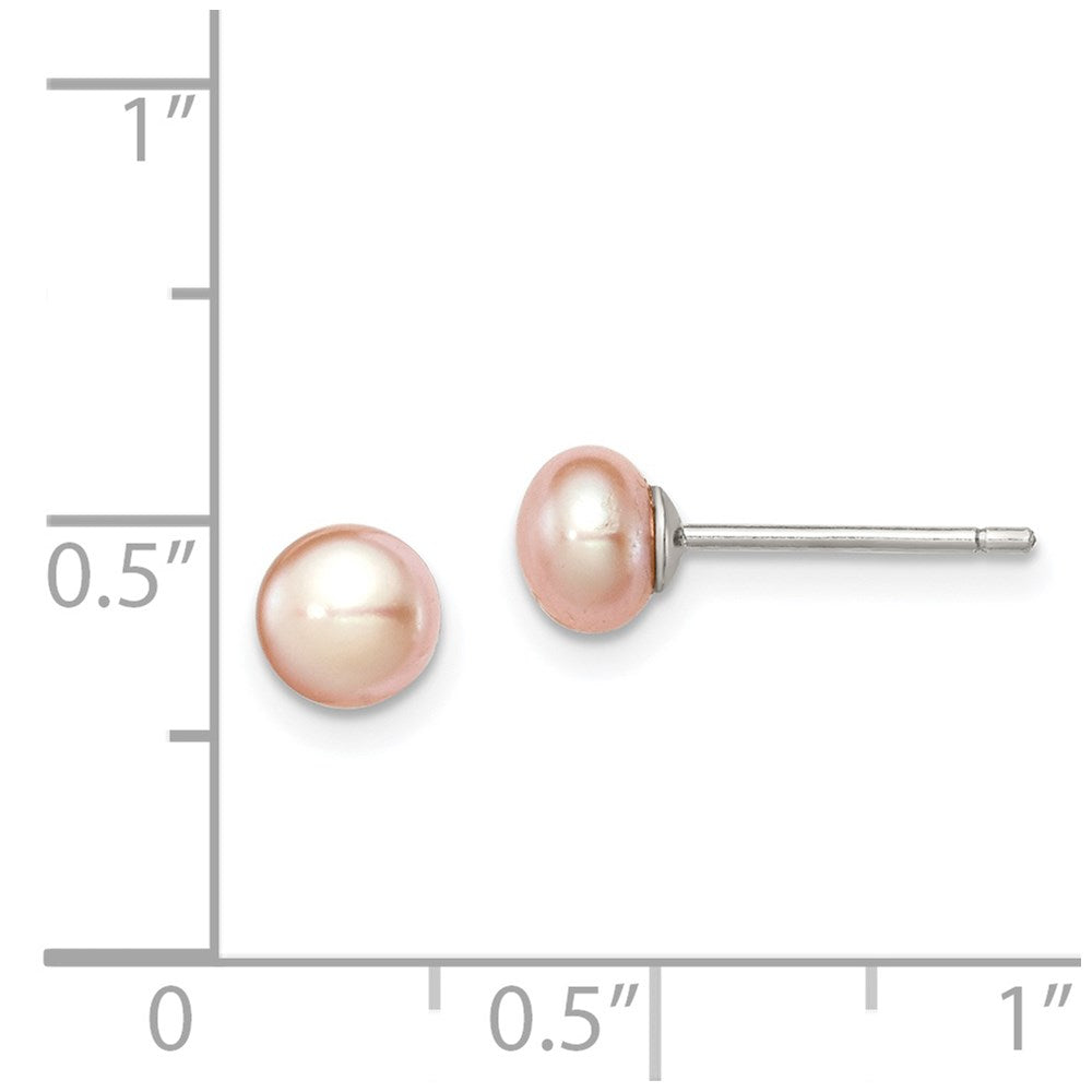 QE12684 Sterling Silver Rhodium-plated 5-6mm Pink Button Freshwater Cultured Pearl Post Earrings