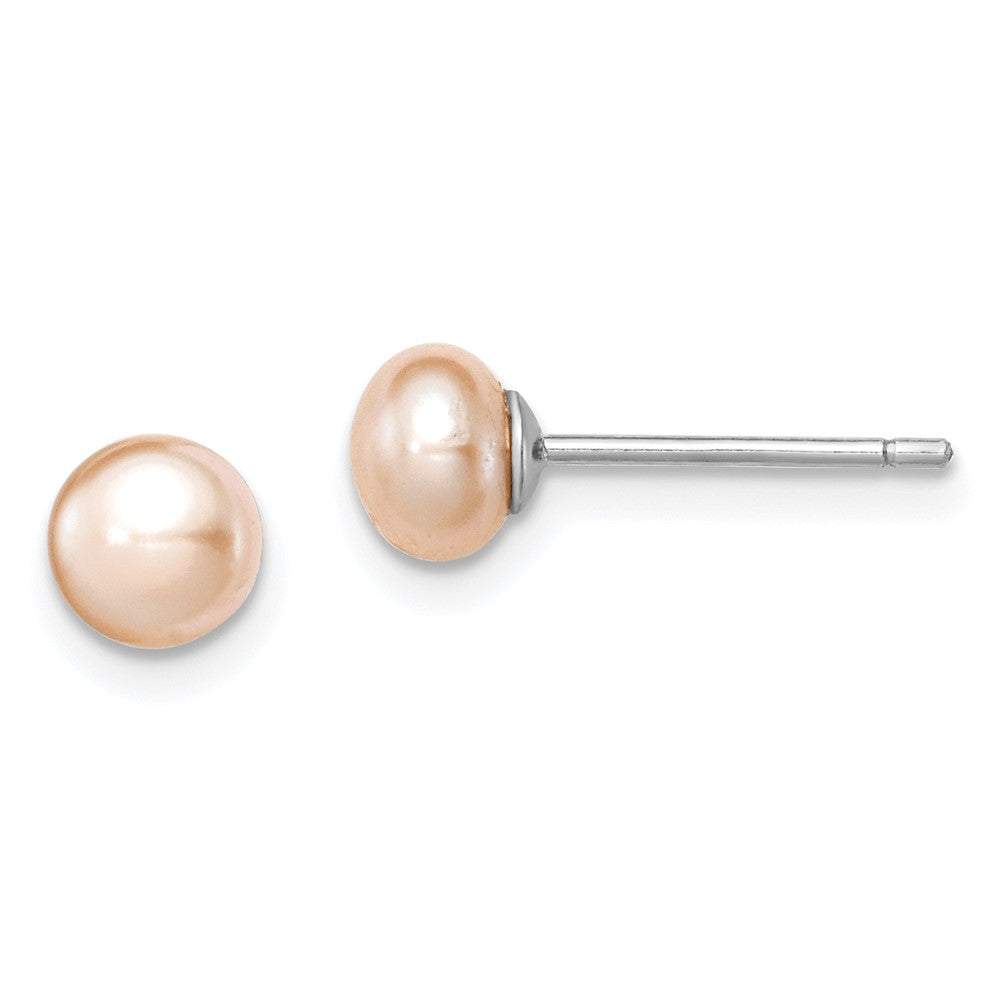 QE12684 Sterling Silver Rhodium-plated 5-6mm Pink Button Freshwater Cultured Pearl Post Earrings