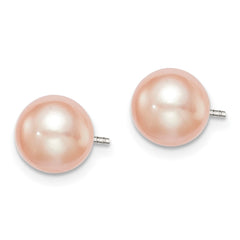 QE12685 Sterling Silver Rhodium-plated 7-8mm Pink Button Freshwater Cultured Pearl Post Earrings