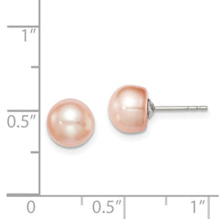 QE12685 Sterling Silver Rhodium-plated 7-8mm Pink Button Freshwater Cultured Pearl Post Earrings