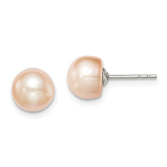 QE12685 Sterling Silver Rhodium-plated 7-8mm Pink Button Freshwater Cultured Pearl Post Earrings