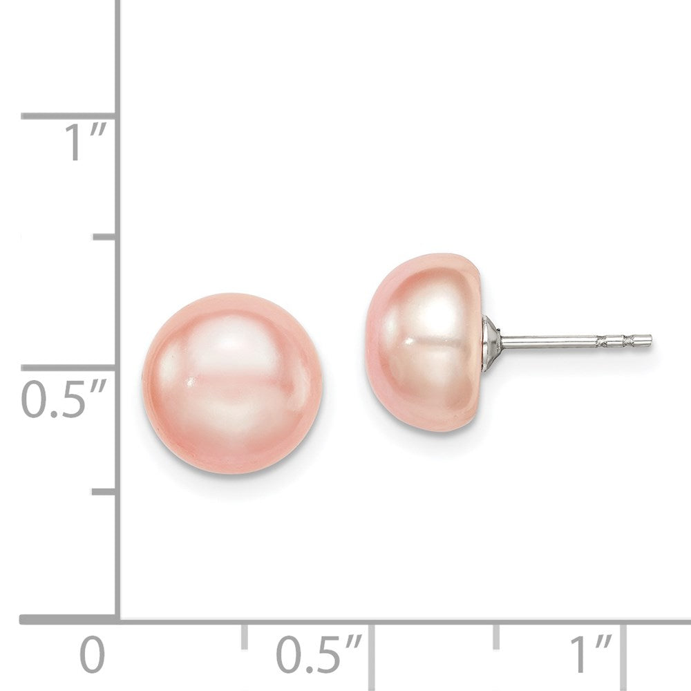 QE12686 Sterling Silver Rhodium-plated 9-10mm Pink Button Freshwater Cultured Pearl Post Earrings