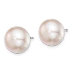 QE12687 Sterling Silver Rhodium-plated 11-12mm Pink Button Freshwater Cultured Pearl Post Earrings