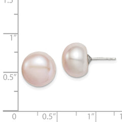QE12687 Sterling Silver Rhodium-plated 11-12mm Pink Button Freshwater Cultured Pearl Post Earrings