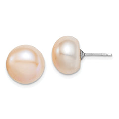 QE12687 Sterling Silver Rhodium-plated 11-12mm Pink Button Freshwater Cultured Pearl Post Earrings