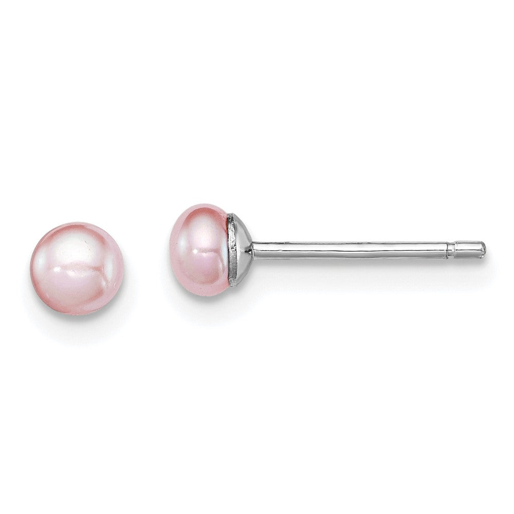QE12688 Sterling Silver Rhodium-plated 3-4mm Purple Button Freshwater Cultured Pearl Post Earrings