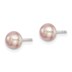 QE12690 Sterling Silver Rhodium-plated 5-6mm Purple Button Freshwater Cultured Pearl Post Earrings