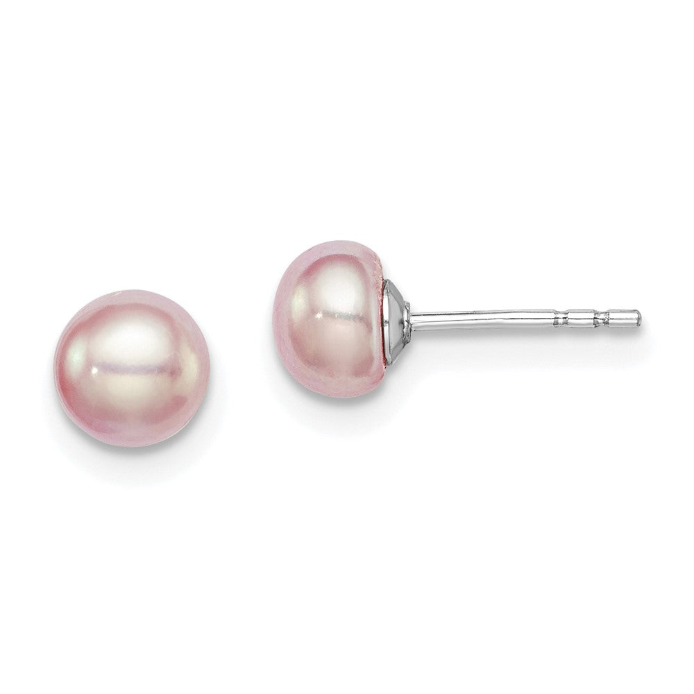 QE12690 Sterling Silver Rhodium-plated 5-6mm Purple Button Freshwater Cultured Pearl Post Earrings