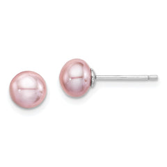 QE12691 Sterling Silver Rhodium-plated 6-7mm Purple Button Freshwater Cultured Pearl Post Earrings
