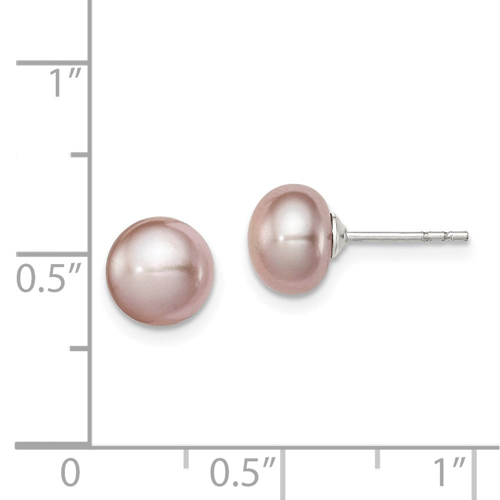 QE12692 Sterling Silver Rhodium-plated 7-8mm Purple Button Freshwater Cultured Pearl Post Earrings