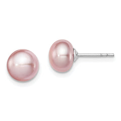 QE12692 Sterling Silver Rhodium-plated 7-8mm Purple Button Freshwater Cultured Pearl Post Earrings