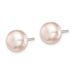 QE12693 Sterling Silver Rhodium-plated 8-9mm Purple Button Freshwater Cultured Pearl Post Earrings