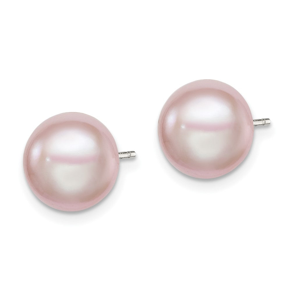QE12694 Sterling Silver Rhodium-plated 9-10mm Purple Button Freshwater Cultured Pearl Post Earrings