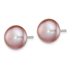 QE12695 Sterling Silver Rhodium-plated 10-11mm Purple Button Freshwater Cultured Pearl Post Earrings