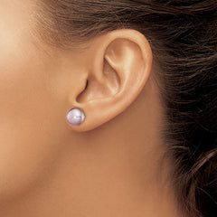 QE12695 Sterling Silver Rhodium-plated 10-11mm Purple Button Freshwater Cultured Pearl Post Earrings