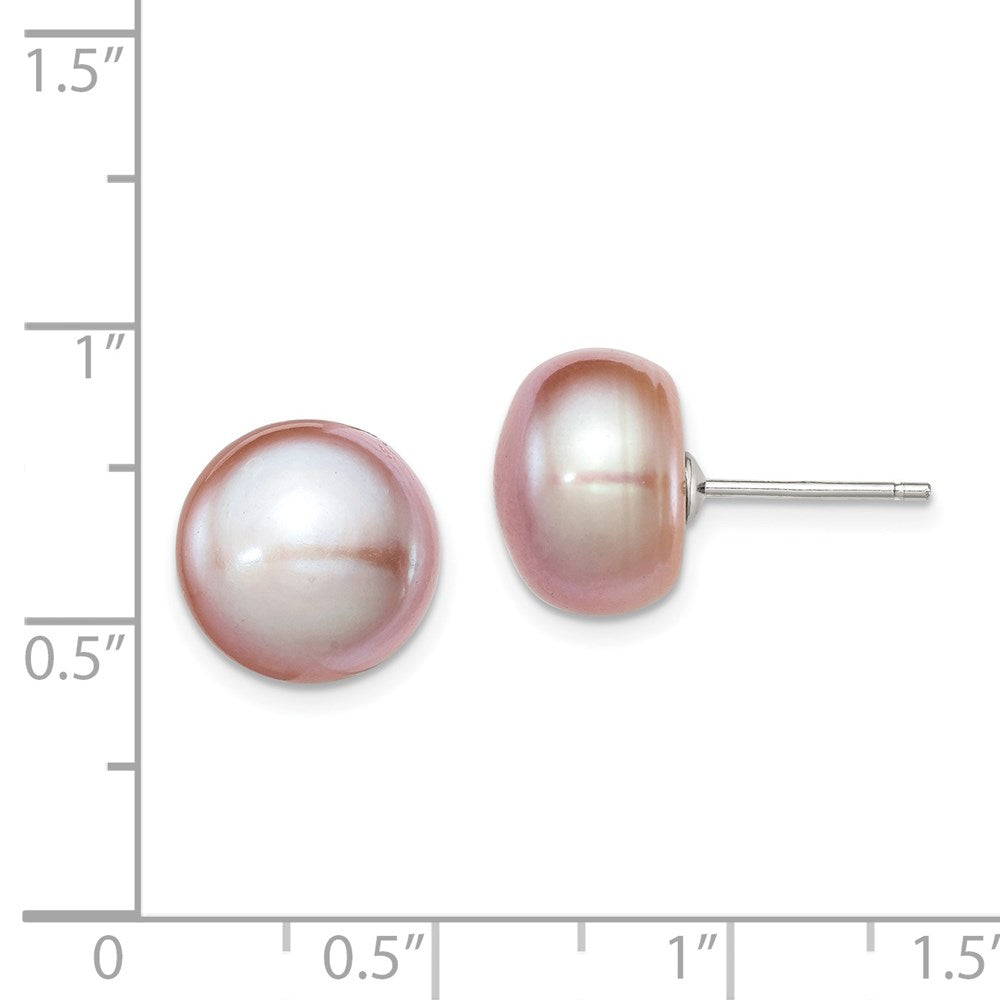 QE12696 Sterling Silver Rhodium-plated 11-12mm Purple Button Freshwater Cultured Pearl Post Earrings