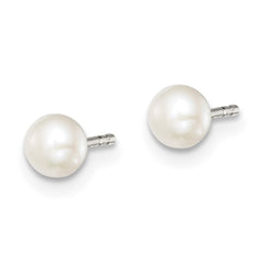 QE12697 Sterling Silver Rhodium-plated 3-4mm White Button Freshwater Cultured Pearl Post Earrings