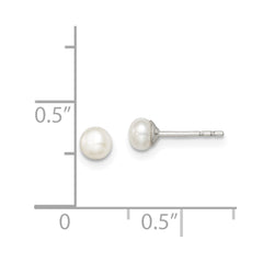 QE12697 Sterling Silver Rhodium-plated 3-4mm White Button Freshwater Cultured Pearl Post Earrings