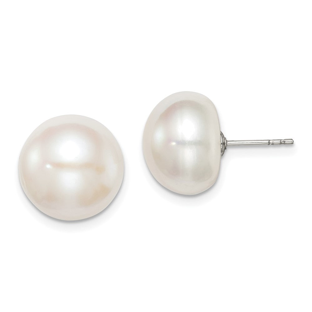 QE12698 Sterling Silver Rhodium-plated 12-13mm White Button Freshwater Cultured Pearl Post Earrings