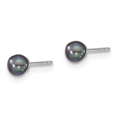 QE12699 Sterling Silver Rhodium-plated 3-4mm Black Round Freshwater Cultured Pearl Post Earrings