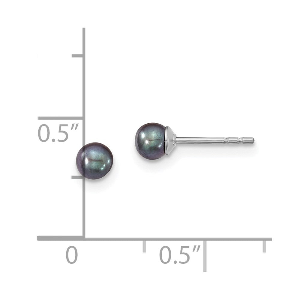 QE12699 Sterling Silver Rhodium-plated 3-4mm Black Round Freshwater Cultured Pearl Post Earrings