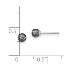 QE12699 Sterling Silver Rhodium-plated 3-4mm Black Round Freshwater Cultured Pearl Post Earrings