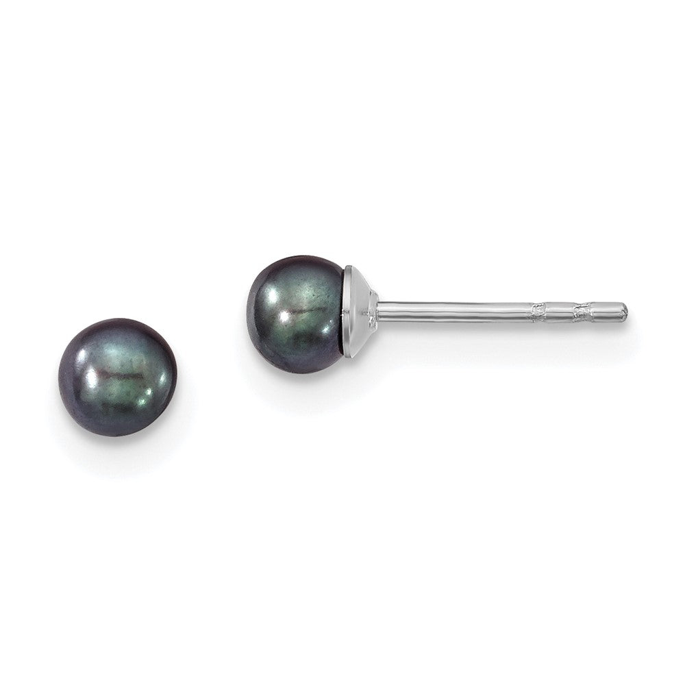 QE12699 Sterling Silver Rhodium-plated 3-4mm Black Round Freshwater Cultured Pearl Post Earrings