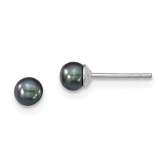 QE12699 Sterling Silver Rhodium-plated 3-4mm Black Round Freshwater Cultured Pearl Post Earrings