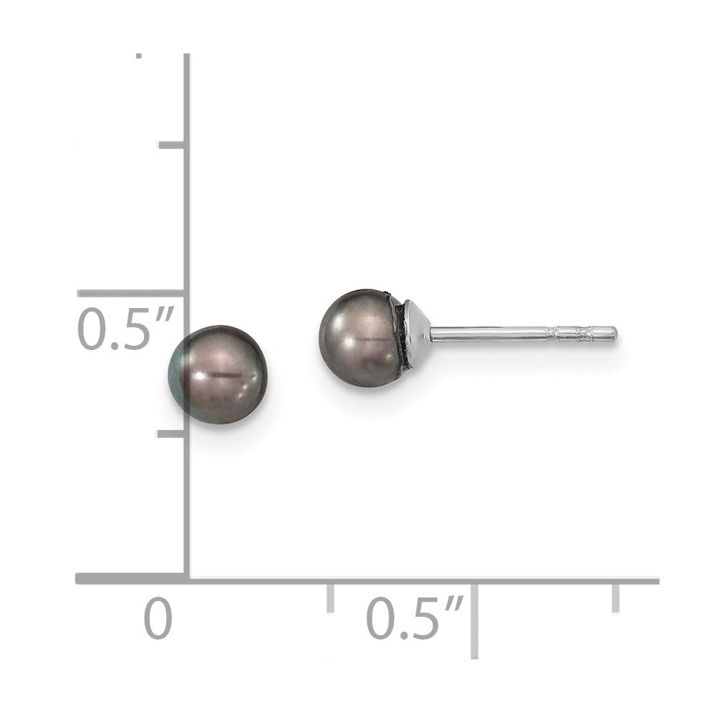 QE12700 Sterling Silver Rhodium-plated 4-5mm Black Round Freshwater Cultured Pearl Post Earrings