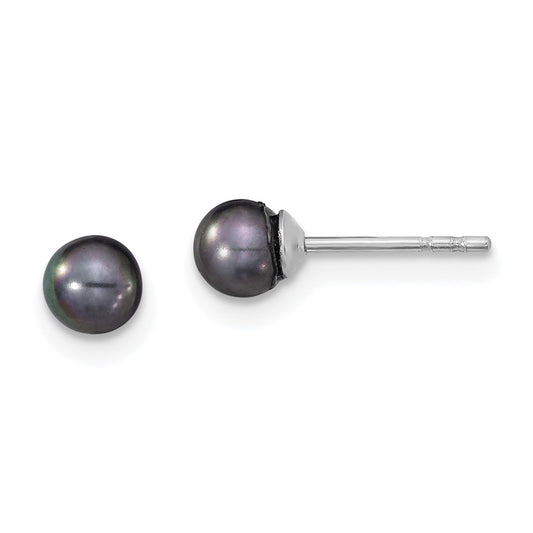 QE12700 Sterling Silver Rhodium-plated 4-5mm Black Round Freshwater Cultured Pearl Post Earrings