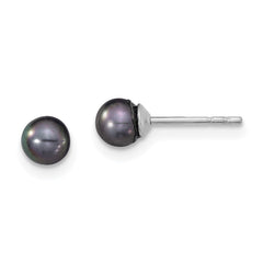 QE12700 Sterling Silver Rhodium-plated 4-5mm Black Round Freshwater Cultured Pearl Post Earrings