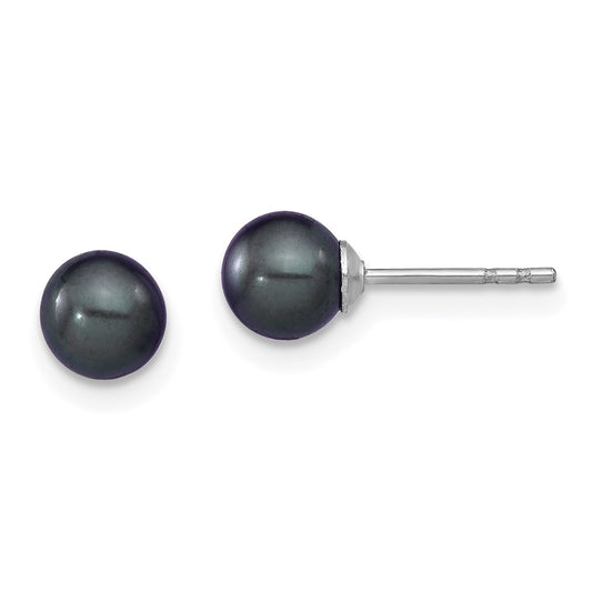 QE12701 Sterling Silver Rhodium-plated 5-6mm Black Round Freshwater Cultured Pearl Post Earrings