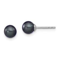 QE12701 Sterling Silver Rhodium-plated 5-6mm Black Round Freshwater Cultured Pearl Post Earrings