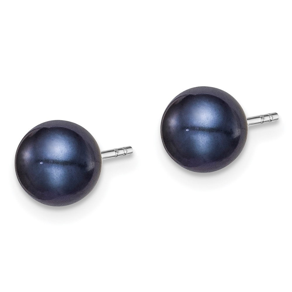 QE12702 Sterling Silver Rhodium-plated 6-7mm Black Round Freshwater Cultured Pearl Post Earrings