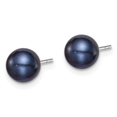 QE12702 Sterling Silver Rhodium-plated 6-7mm Black Round Freshwater Cultured Pearl Post Earrings