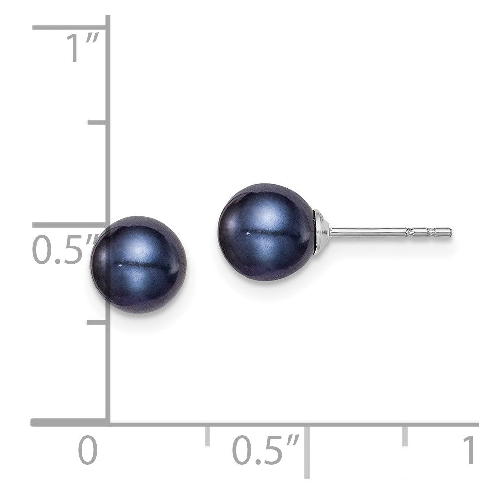 QE12702 Sterling Silver Rhodium-plated 6-7mm Black Round Freshwater Cultured Pearl Post Earrings