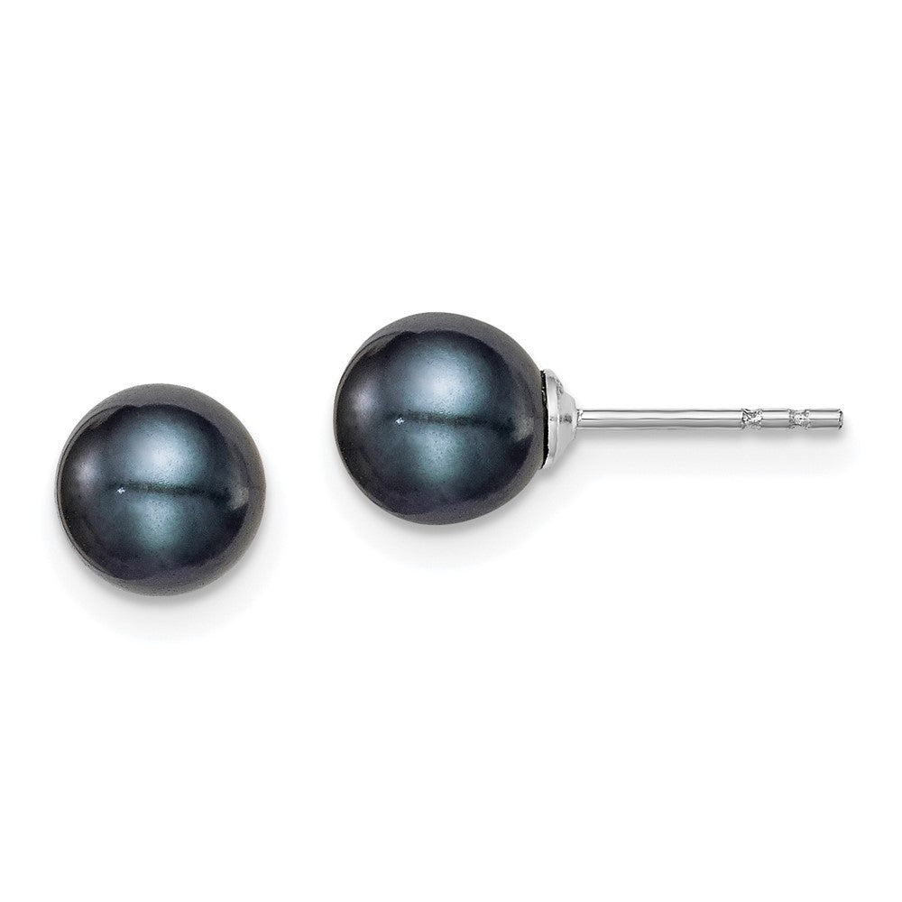 QE12702 Sterling Silver Rhodium-plated 6-7mm Black Round Freshwater Cultured Pearl Post Earrings