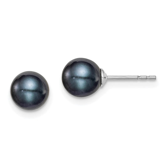 QE12702 Sterling Silver Rhodium-plated 6-7mm Black Round Freshwater Cultured Pearl Post Earrings