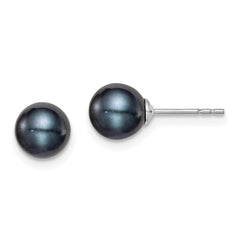 QE12702 Sterling Silver Rhodium-plated 6-7mm Black Round Freshwater Cultured Pearl Post Earrings
