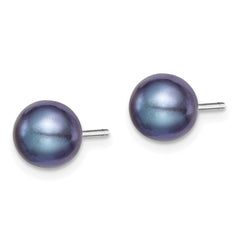 QE12703 Sterling Silver Rhodium-plated 7-8mm Black Round Freshwater Cultured Pearl Post Earrings