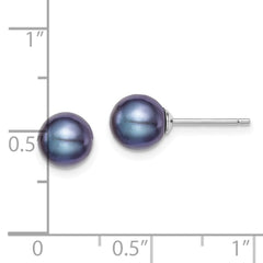 QE12703 Sterling Silver Rhodium-plated 7-8mm Black Round Freshwater Cultured Pearl Post Earrings