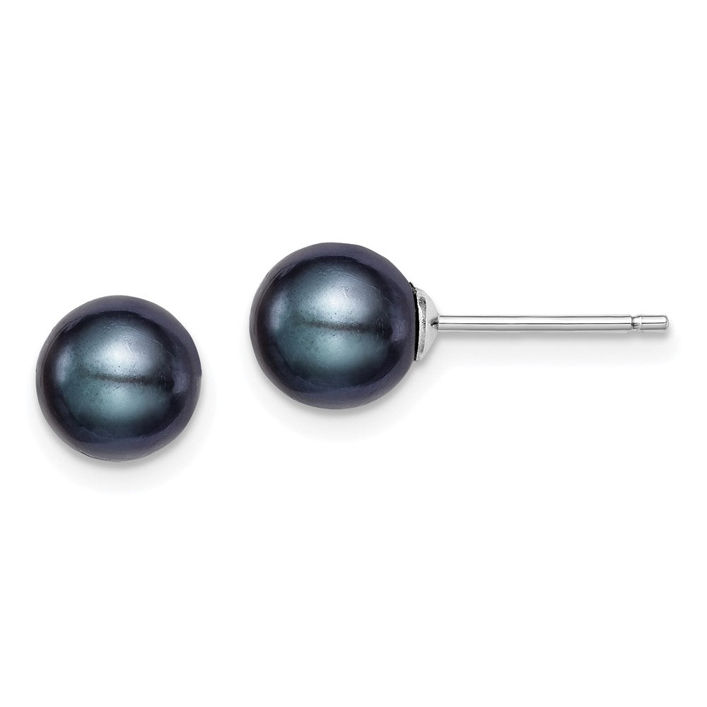 QE12703 Sterling Silver Rhodium-plated 7-8mm Black Round Freshwater Cultured Pearl Post Earrings