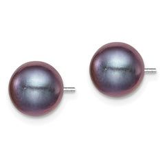 QE12704 Sterling Silver Rhodium-plated 8-9mm Black Round Freshwater Cultured Pearl Post Earrings