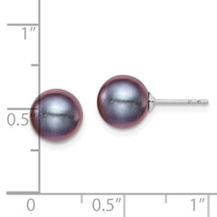 QE12704 Sterling Silver Rhodium-plated 8-9mm Black Round Freshwater Cultured Pearl Post Earrings