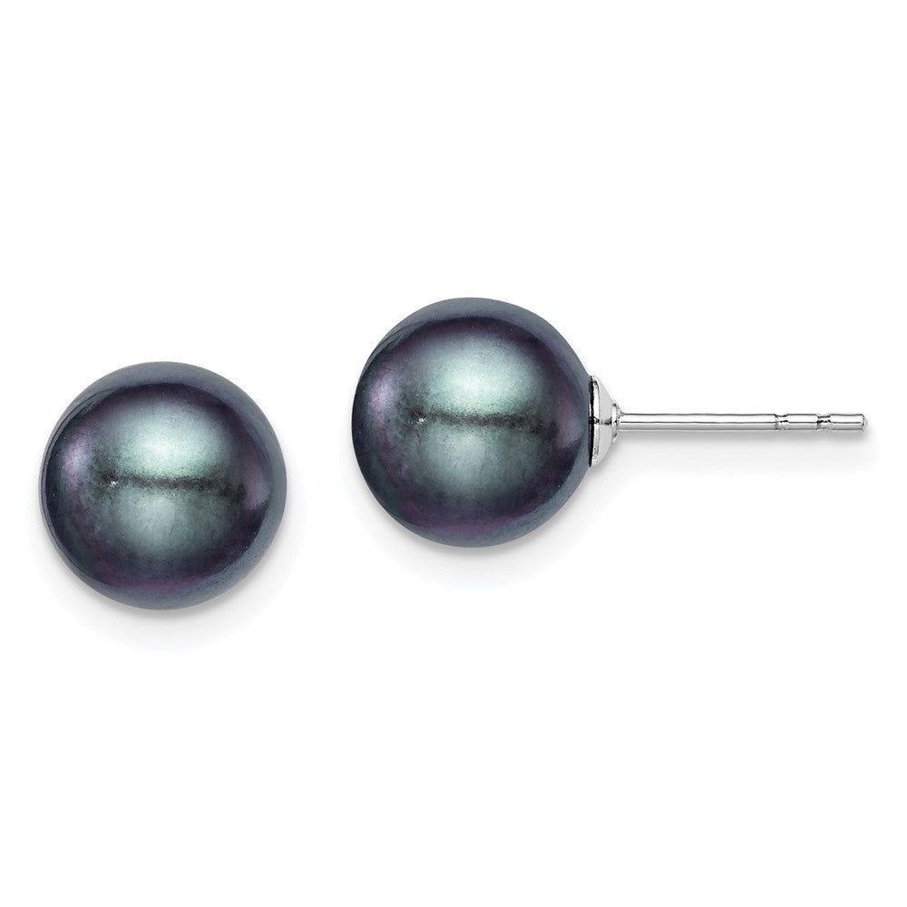 QE12704 Sterling Silver Rhodium-plated 8-9mm Black Round Freshwater Cultured Pearl Post Earrings