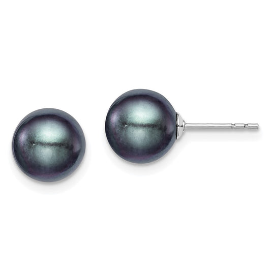 QE12704 Sterling Silver Rhodium-plated 8-9mm Black Round Freshwater Cultured Pearl Post Earrings
