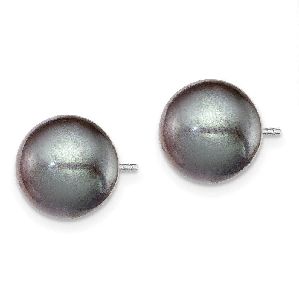 QE12705 Sterling Silver Rhodium-plated 9-10mm Black Round Freshwater Cultured Pearl Post Earring