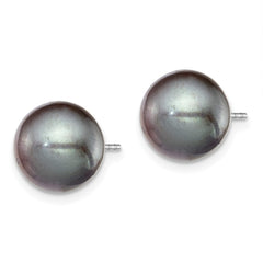 QE12705 Sterling Silver Rhodium-plated 9-10mm Black Round Freshwater Cultured Pearl Post Earring