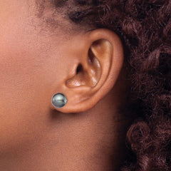 QE12705 Sterling Silver Rhodium-plated 9-10mm Black Round Freshwater Cultured Pearl Post Earring
